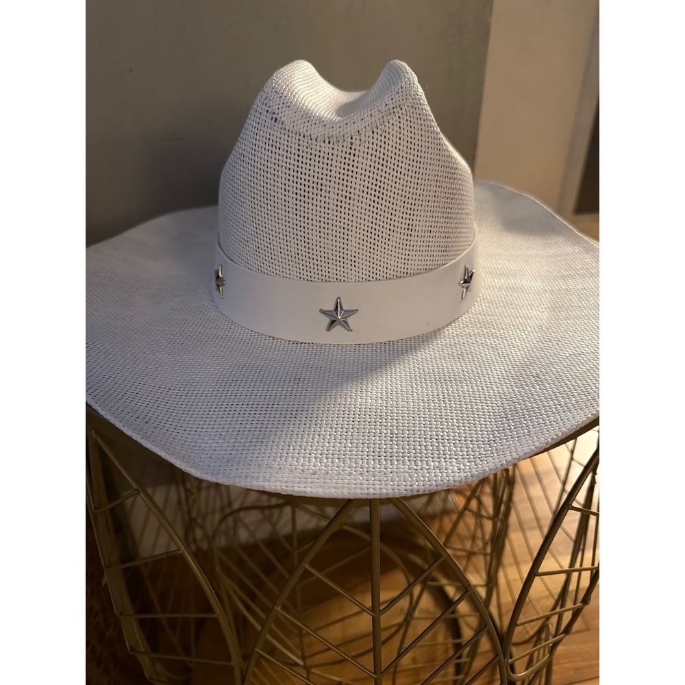 San Diego Hat Co White Straw Cowboy Hat Silver Star Studs Navy Blue Star Brim OS